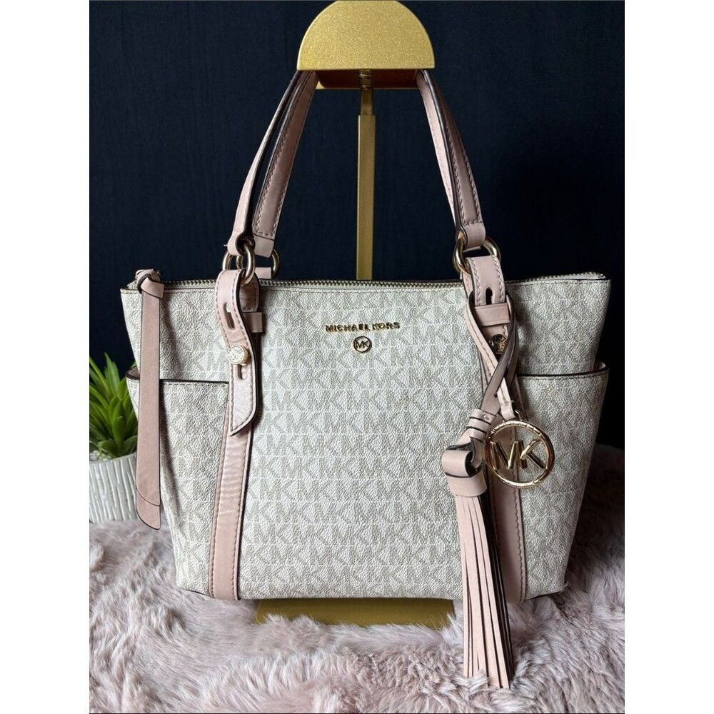 Michael Kors Sullivan Small Logo Top-Zip Tote Bag - Vanilla / Soft Pink Blush
